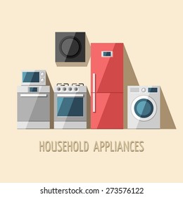 Set of household appliances. Home appliances. Kitchen equipment. Vector flat illustration.