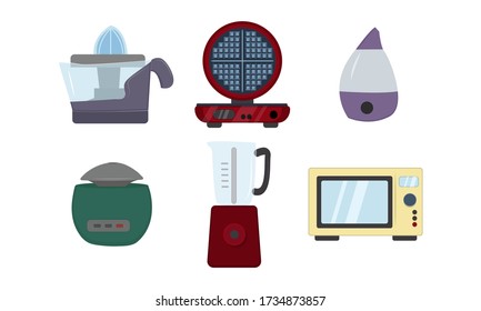 A set of household appliances. Humidifier, waffle maker, juicer, blender, microwave