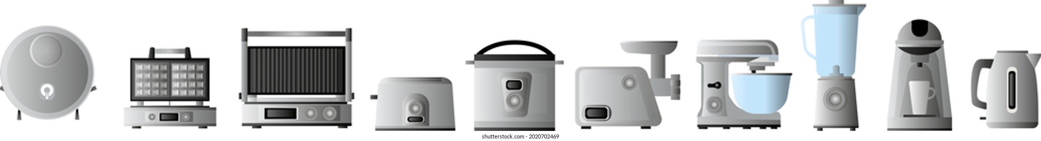 A set of household appliances icons for the kitchen. Robot vacuum cleaner, food processor, kettle, mixer, toaster, coffee maker, slow cooker, waffle iron, grill, electric grill, meat grinder. Househol