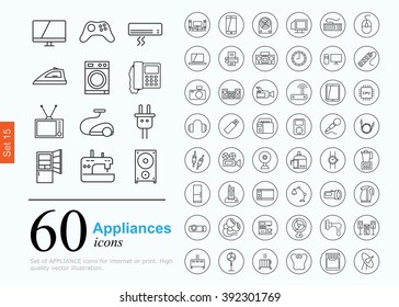 Set of household appliances icons for web or services. 60 design line icons high quality, vector illustration.