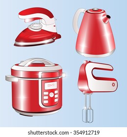 Set of household appliances - iron, kettle, mixer and multicooker red and white on a pale blue background. Vector illustration.
