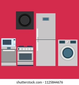 Set of household appliances. Kitchen equipment. On red background