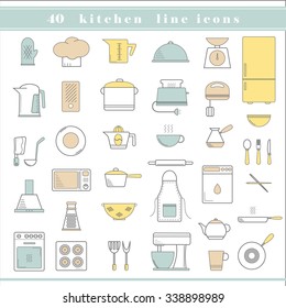 Set of household appliances, kitchen and restaurant accessories, equipment, cooking utensils, cutlery tools, kitchenware and cookware outline thin line icons for food preparation. Flat design