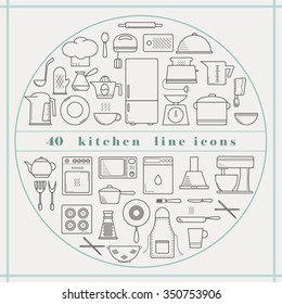 Set of household appliances, kitchen and restaurant accessories, equipment, cooking utensils, cutlery tools, kitchenware and cookware outline thin line icons for food preparation. Flat design.
