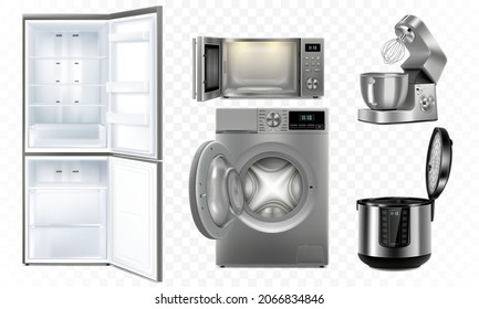 A set of household appliances: microwave oven, washing machine, refrigerator, multi cooker, food processor, blender. Realistic 3D vector, isolated illustration