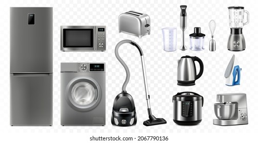 A set of household appliances: microwave oven, washing machine, refrigerator, vacuum cleaner, multicooker, food processor, blender, iron, juicer blender, toaster. Realistic 3D vector, isolated illustr - Shutterstock ID 2067790136