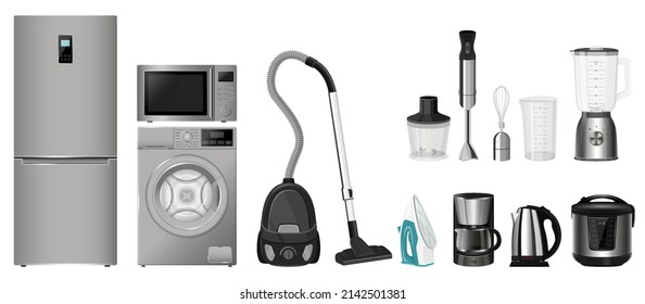 A set of household appliances: microwave oven, washing machine, refrigerator, vacuum cleaner, multi cooker, food processor, blender, iron. Realistic 3D vector, isolated illustration