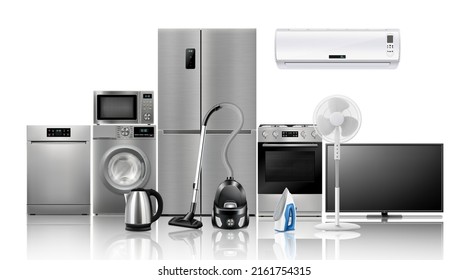 A set of household appliances: microwave oven, washing machine, refrigerator, vacuum cleaner, iron, stove, fan, air conditioner,TV, dishwasher, kettle. Realistic 3D vector, isolated