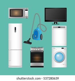 Set of household appliances. Microwave oven, refrigerator, vacuum cleaner with brush, gas cooker, dishwasher and washing machine, TV set isolated on blue. Modern kitchen devices. Vector illustration