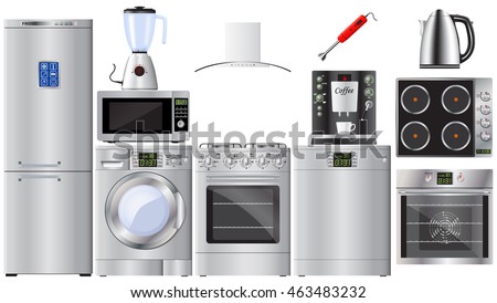 Set of household appliances. Realistic image. Vector.Fridge, washing machine, dishwasher, microwave, blender, mixer, coffee machine, gas stove, extractor hood, kettle, oven, hob.