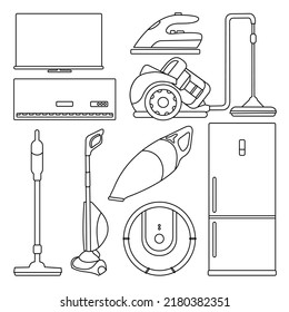 Eine Reihe von Haushaltsgeräten: Kühlschrank, Staubsauger, Bügeleisen, Klimaanlage, TV, Haartrockner. Technologiekonzept, Vektorgrafik, einzeln auf weißem Hintergrund