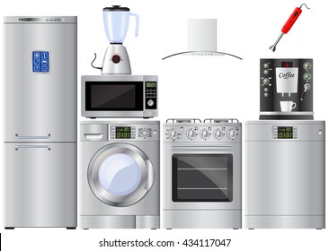 Set of household appliances. Refrigerator, washer, gas stove, extractor hood, dishwasher, blender, mixer, microwave, coffee machine. Vector Image.