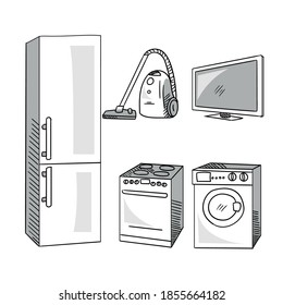 A set of household appliances: refrigerator, washing machine, vacuum cleaner, TV