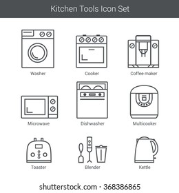 Set of household appliances vector icons: cooker, washer, blender, toaster, microwave, kettle
