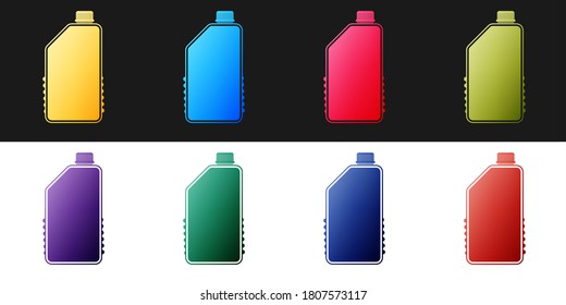 Set Household chemicals bottle icon isolated on black and white background. Liquid detergent or soap, stain remover, laundry bleach, bathroom or toilet cleaner. Vector.