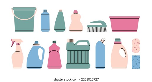 Set with household chemicals, cleaners, basin, brush, sponges, bucket etc. For dishwashing, house cleaning and laundry. Hand drawn vector illustration isolated on white background. Templates.