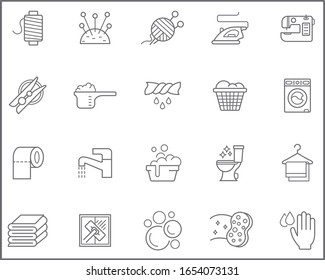 Set of household chores and housework Icons line style. 
Contains such Icons as Cleaning, skein, knitting, pincushion, electric iron, sewing machine, spin-dry, laundry, toilet paper and other elements