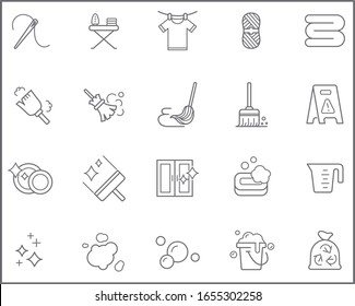 Set of household chores and housework Icons line style. 
Contains such Icons as cleaning, needle, knitting, ironing board, sewing, bubble, soap, laundry, clean a window and other elements