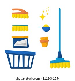 Set of household cleaning equipment isolated on white background. Vector illustration, cartoon style.