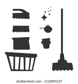 Set of household cleaning equipment silhouetters isolated on white background. Vector illustration.