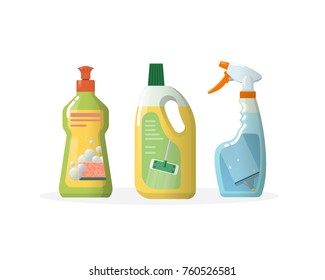 Set of household and cleaning products for windows and floors, in plastic bottles. House cleaning tools vector bottle. Household tool elements. Cleaning service in office, room. Vector illustration.