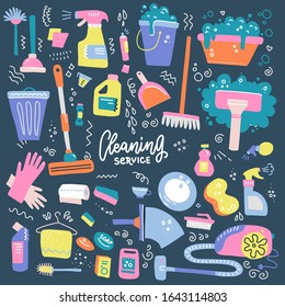 Set of Household cleaning supplies isolated icons in hand drawn flat style. Washing tools vector cartoon illustrations: bucket, chemistry . Graphic concept for web sites, banner, mobile apps.