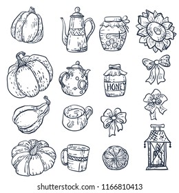 Set with household elements in vector for harvest season in the autumn. There are graphic elements for decoration and creation design