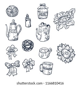 Set with household elements in vector for harvest season in the autumn. There are graphic elements for decoration and creation design