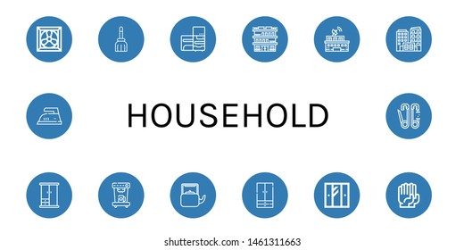 Set of household icons such as Cooling system, Broom, Refrigerator, Building, Wardrobe, Coffee machine, Kettle, Gloves, Iron, Safety pin , household