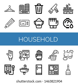 Set of household icons such as Hanger, Toothpaste, Building, Microwave, Bin, Bucket, Hand saw, Gloves, Water heater, Glove, Heater, Sink, Fridge, Cleaning, Wardrobe , household