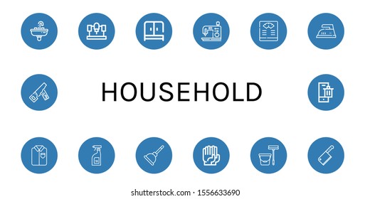 Set of household icons. Such as Sink, Machine, Wardrobe, Sewing machine, Bathroom scale, Iron, Ironed, Cleaning products, Plunger, Gloves, Mop, Cleaver, Hand saw , household icons