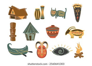 Set of household items of African tribes, totem, mystical masks, wigwam, canoe, fire, dishes with ornament. Retro icons, illustrations