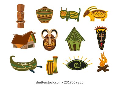 A set of household items of African tribes,totem, mystical masks, wigwam, canoe, fire, dishes with ornaments. Retro icons, illustration, vector	
