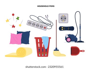 Set von Haushaltsartikeln. Eimer für Kleidung, Mopp und Staubsauger. Hygiene und Sauberkeit, Reinheit. Hausarbeit und Routine. Cartoon-FlachVektorgrafik, einzeln auf weißem Hintergrund