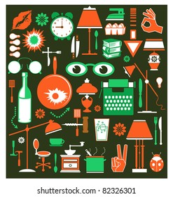 A set of household items of different colors on a black background