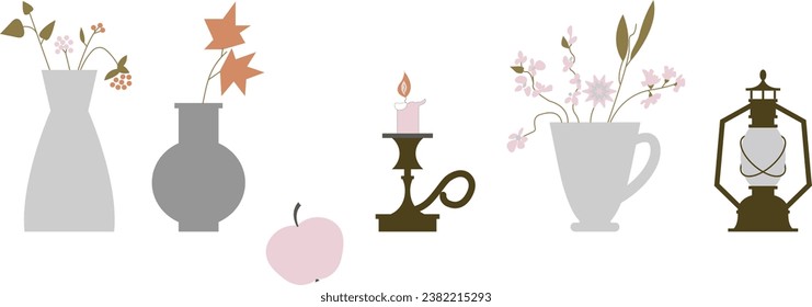 A set of household items on a white background. Vases, flowers, bouquets, apple, candle, lantern. Collection of interior items. Flat style. An editable contour. Isolated. Design for print, social medi