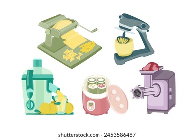 A set of household kitchen appliances: electric juicer, manual noodle cutter, planetary mixer, electric meat grinder, yogurt maker. Vector color illustration.