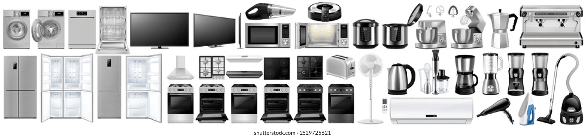 Conjunto de electrodomésticos y electrodomésticos de cocina aislados sobre fondo blanco. Microondas, refrigerador, lavadora, tostadora, cocina múltiple, hervidor de agua, licuadora, robot aspirador, plancha, Vector 3d realista