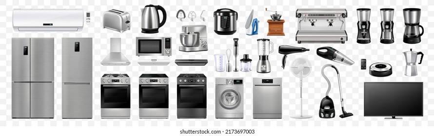 A set of household and kitchen appliances: microwave oven, washing machine, refrigerator, vacuum cleaner, multicooker, iron, blender, iron, toaster. Realistic 3D vector, isolated illustration. Electri