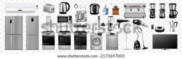 A set of household and kitchen appliances:\
microwave oven, washing machine, refrigerator, vacuum cleaner,\
multicooker, iron, blender, iron, toaster. Realistic 3D vector,\
isolated illustration.\
Electri