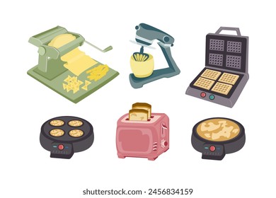 A set of household kitchen appliances for preparing flour products: pasta, pancakes, waffles, pies, toast, sandwiches. Vector color illustration.