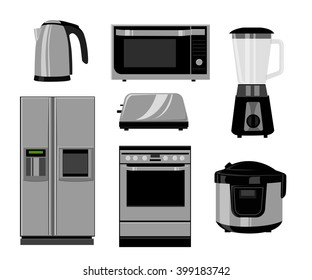  Set of household kitchen technics: Microwave and Oven, grinder. Vector drawing. Vector illustration in the flat style.
