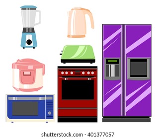 Set of household kitchen technics: Microwave and Oven, grinder. Vector drawing. Vector illustration in the flat style.