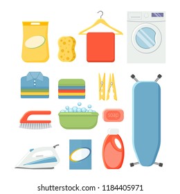 set of household laundry supplies vector illustration in flat style  isolated on white background. Cleaning tools.