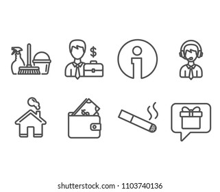 Set of Household service, Businessman case and Smoking icons. Wallet, Shipping support and Wish list signs. Cleaning equipment, Human resources, Cigarette. Usd cash, Delivery manager, Present box