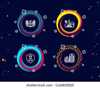 Set of Household service, Security agency and Laureate award icons. Currency sign. Cleaning equipment, People protection, Prize. Euro and usd.  Circle banners with line icons. Gradient colors shapes