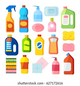 A set of household supplies. Cleaning products and tools for home