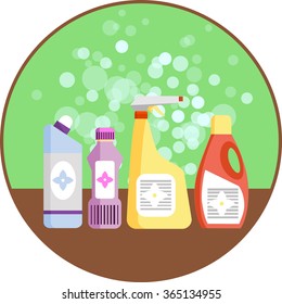 Set of household supplies. Group of detergents on the shelf. Minimal flat vector graphics. Icon for detergent plastic bottles. Concept of cleaning