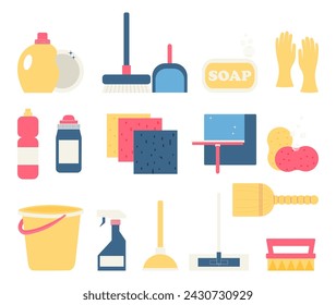 A set of household supplies and tools for spring cleaning. Hygienic chemistry and sanitation equipment. Vector illustration