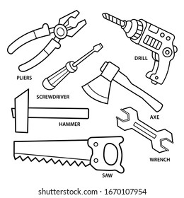 Set of household tools. Cartoon images of saw, wrench, pliers, hammer, axe, screwdriver, drill on white background. Coloring book for kids.